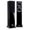 Fyne Audio F501SP speakers in Piano Gloss Black finish – front and rear panels with grille.