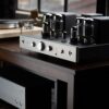 Cary Audio SLI-80 HS vacuum tube integrated amplifier in a silver finish.