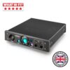 Close-up of a black audio interface showing volume and input/output knobs, with What Hi-Fi? logo and UK-made badge.