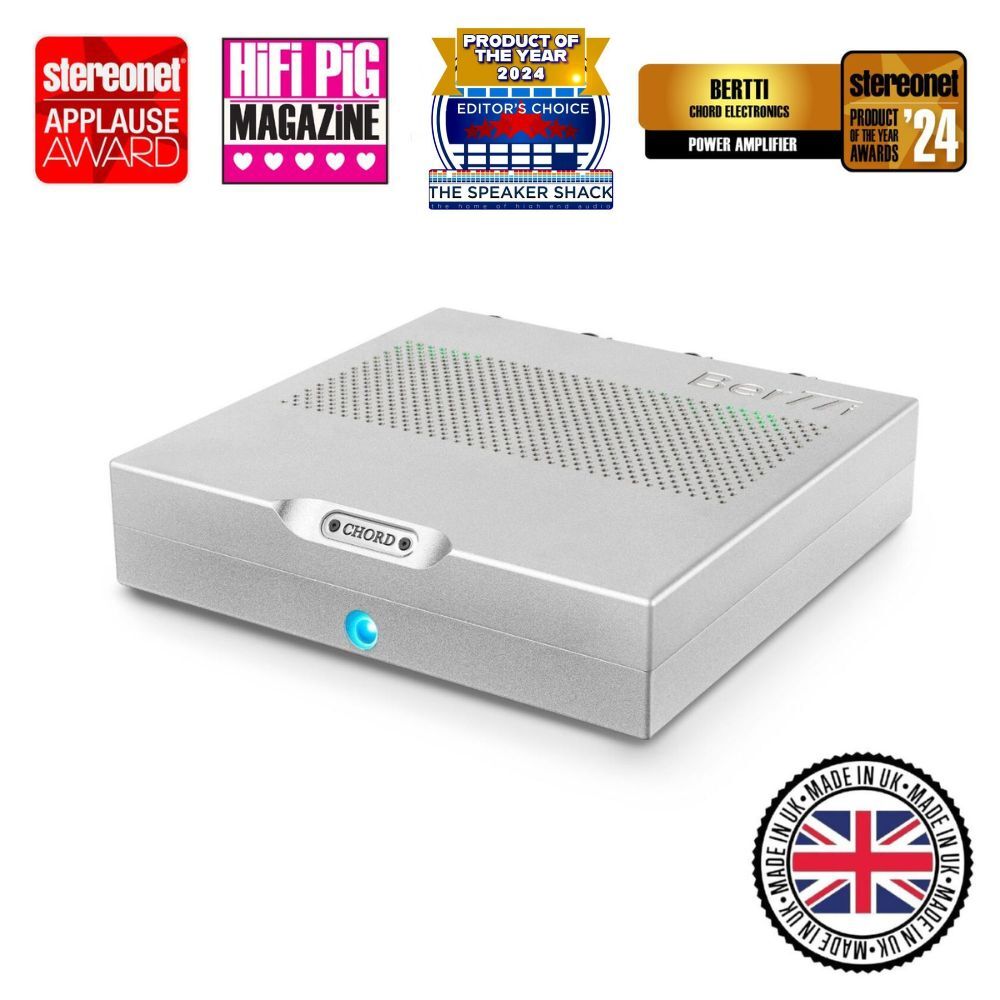 Pagrindinis Chord Electronics BerTTi stereo galios stiprintuvo vaizdas su apdovanojimais. Pagaminta Britanijoje
