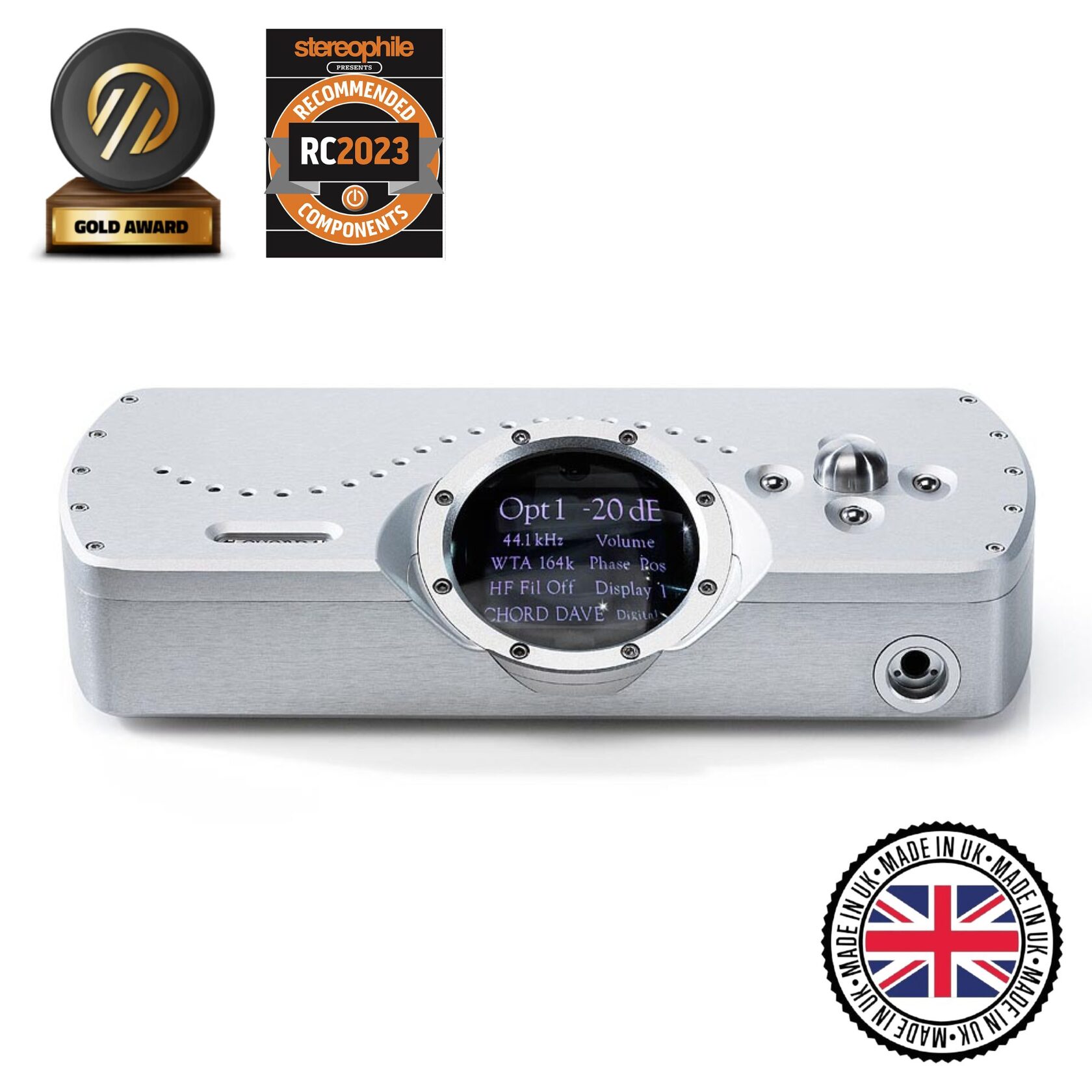 Pagrindinis flagmano Chord Electronics DAVE DAC vaizdas su apdovanojimais. Pagaminta Britanijoje 