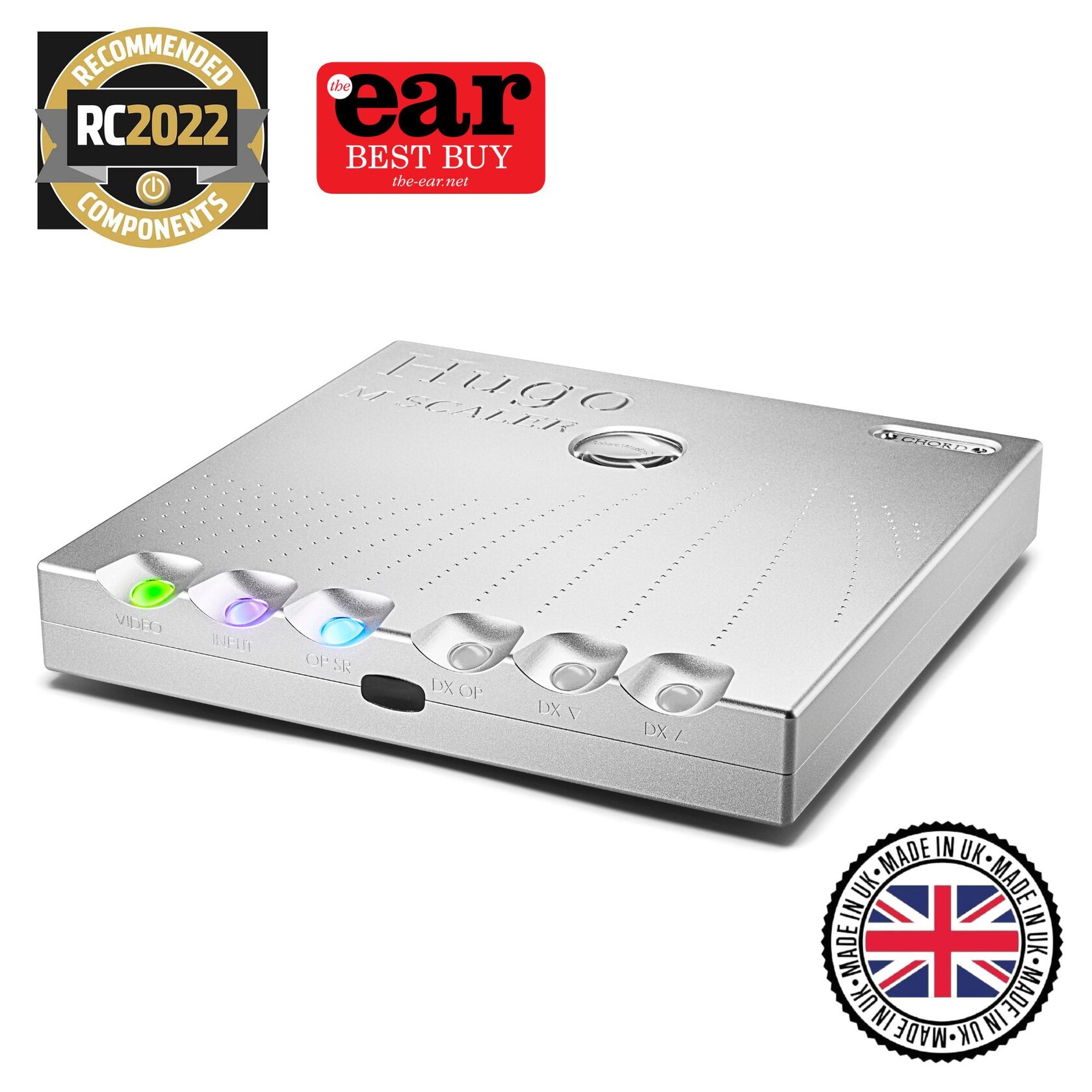 Pagrindinis Chord Electronics Hugo M Scaler skaitmeninio raiškos didinimo įrenginio vaizdas su apdovanojimais. Pagaminta Britanijoje