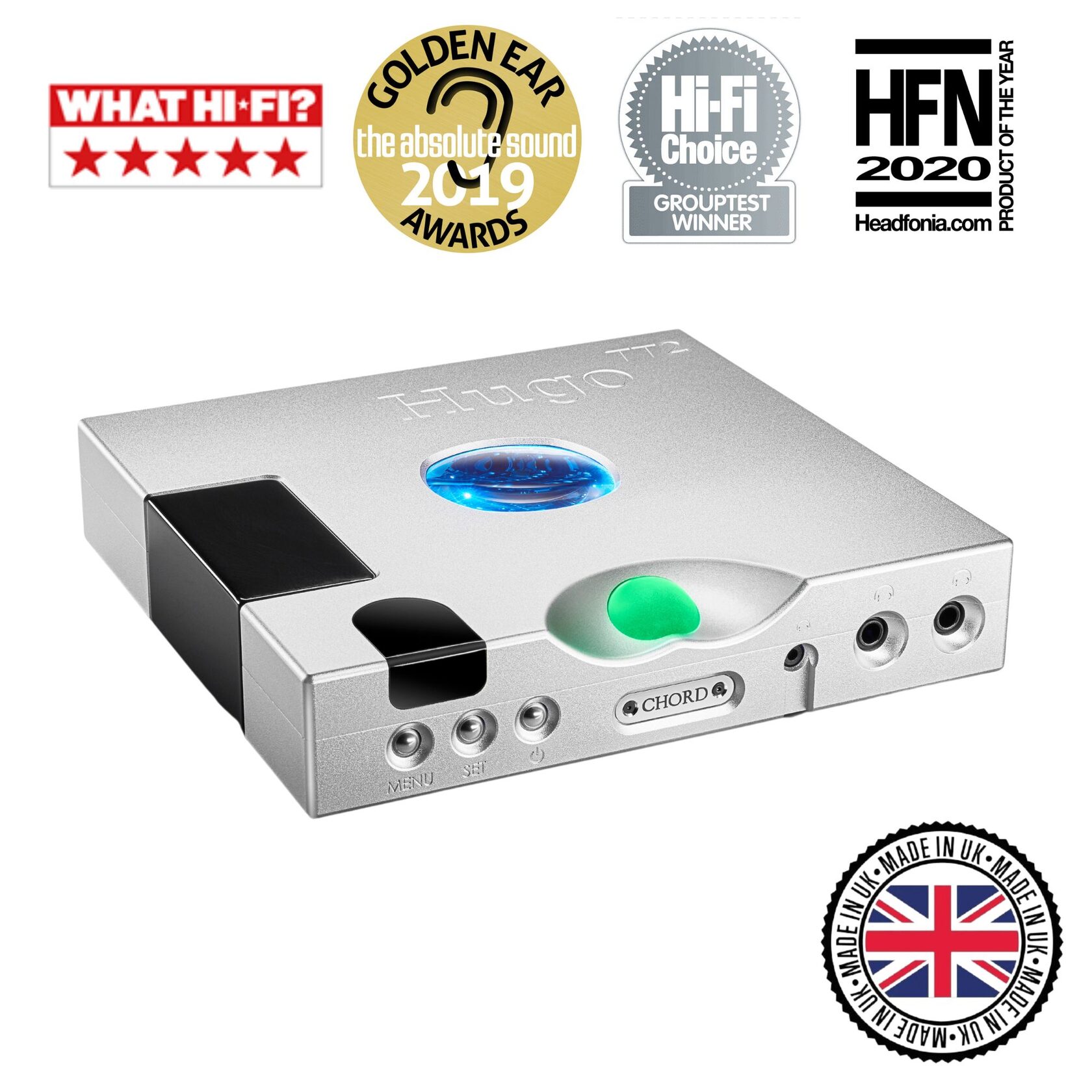 Pagrindinis premium klasės Chord Electronics Hugo TT2 DAC vaizdas su apdovanojimais. Pagaminta Britanijoje