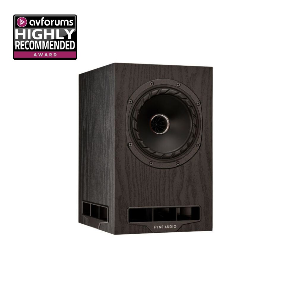 Main image of the Fyne Audio F5E standmount speakers with awards.