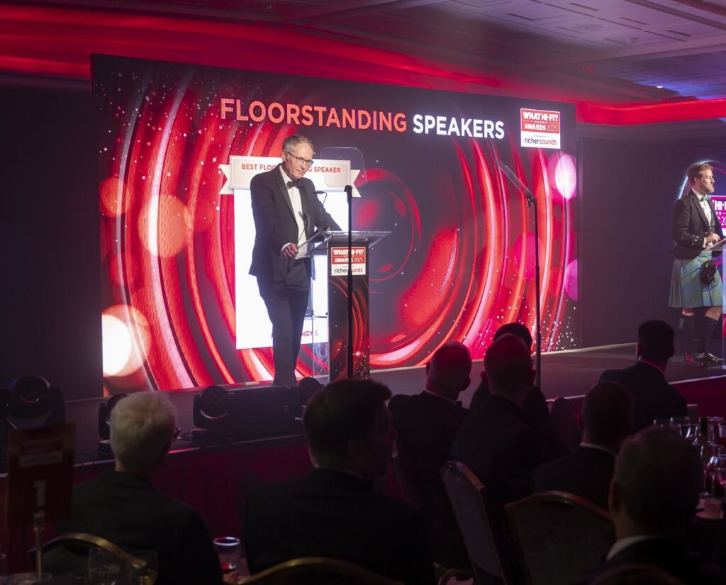 A photo from the Product of the Year Award ceremony when the 'Best Floorstanding Speaker' prize is announced for Fyne Audio F501E