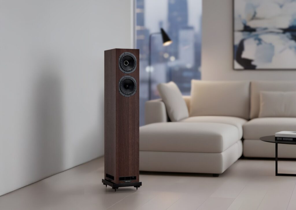 Fyne Audio F55E loudspeakers in new walnut finish, positioned in a living room