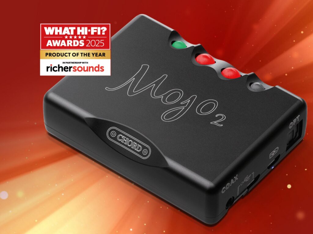 Portable DAC and headphone amp made in UK by Chord Electronics just warded Product of the Year Award 2025 by What Hi-Fi? magazine is shown on a rich red background alongside award logos