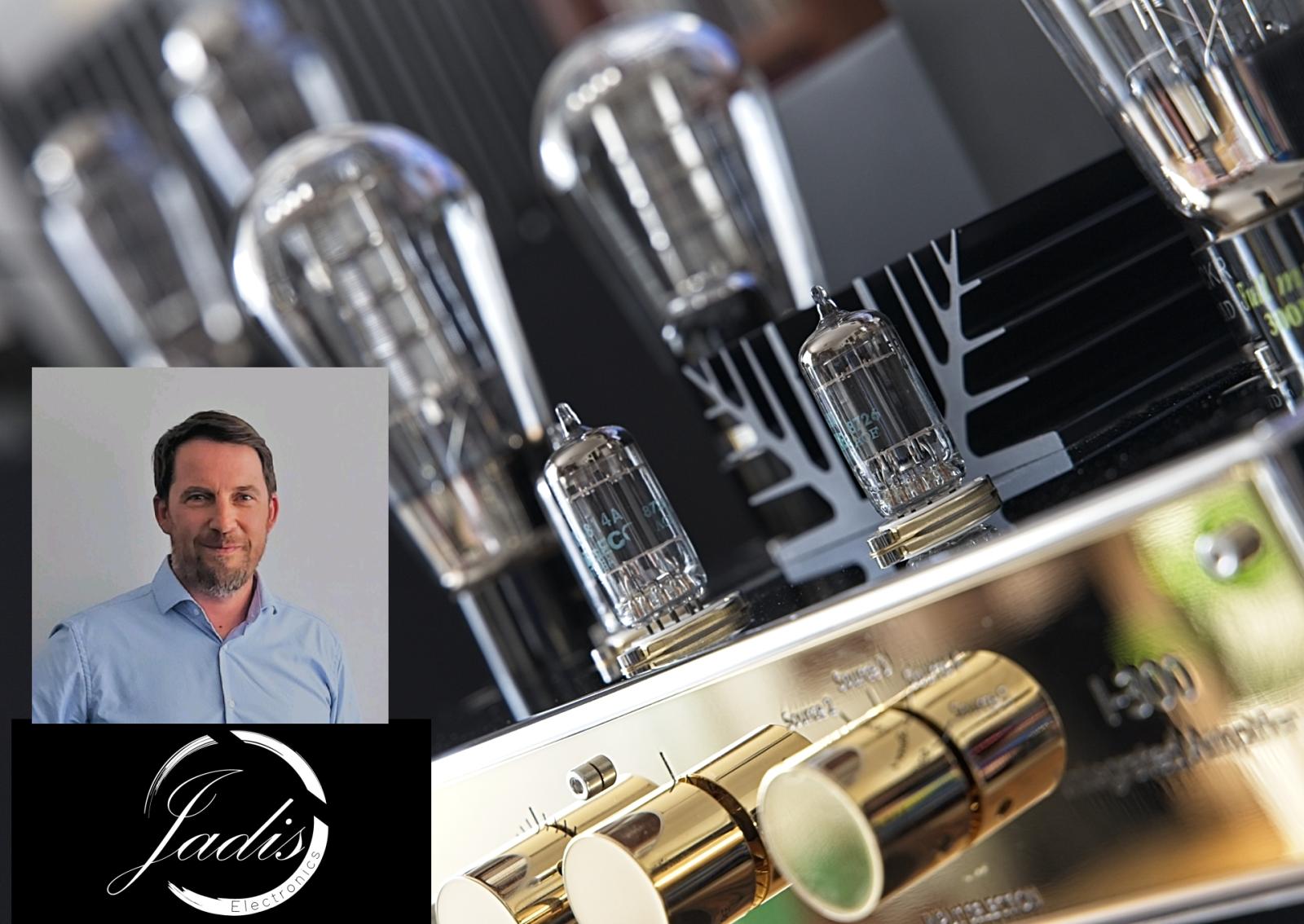A collage of images showing Jadis logo, a photo of new owner Jérémie Malfroot and a close-up of Jadis tube amplifier