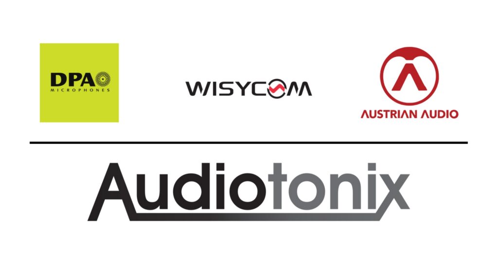 Logos of 3 new audio companies acquired by Audiotonix: Wisycom, DPA Microphones, Austrian Audio pictured above the parent company (Audiotonix) logo