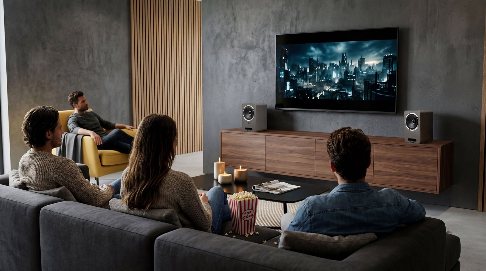 fyne-audio-cubitt-5-watch-movie-news-1600px | MGY OU A pair of new wireless Cubitt 5 speakers is placed near wall-mounted TV for a cinema night with people gathered around on a sofa and a chair
