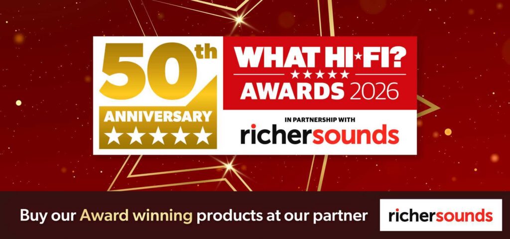 British What Hi-Fi? magazine annually names best buy products of the year (logo pictured), now coinciding with the magazine's 50th anniversary (logo pictured). Sponsor announcment also included (sponsored by Richer Sounds, british audio chain stores)