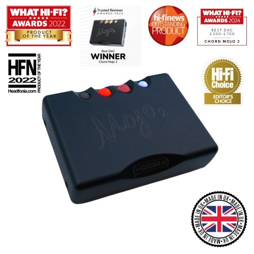 Front view of Chord Electronics Mojo 2 DAC and headphone amplifier with illuminated control buttons
